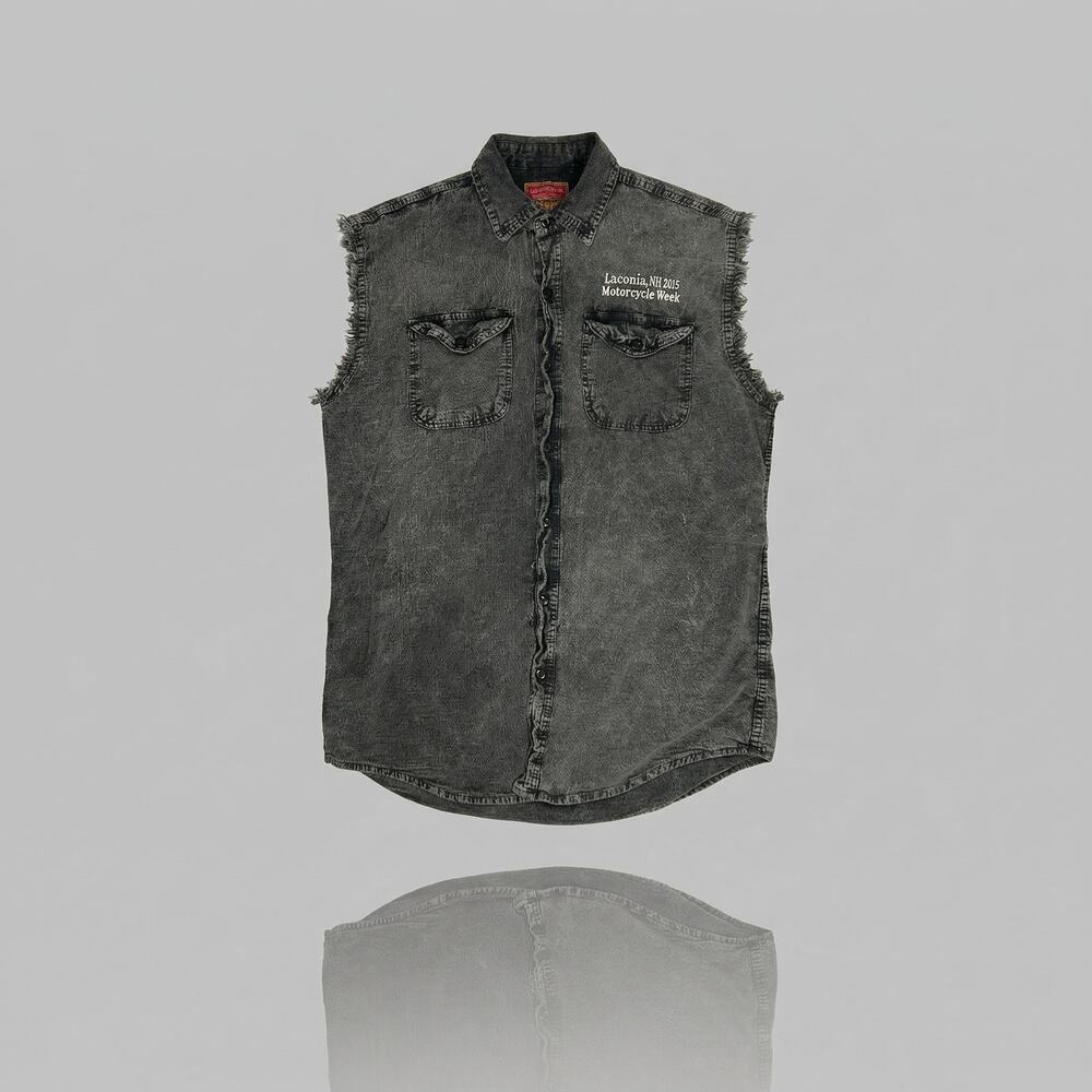 Vintage 2015 Laconia NH Motorcycle Week Cut Off Denim Shirt Men's XL Biker Vest